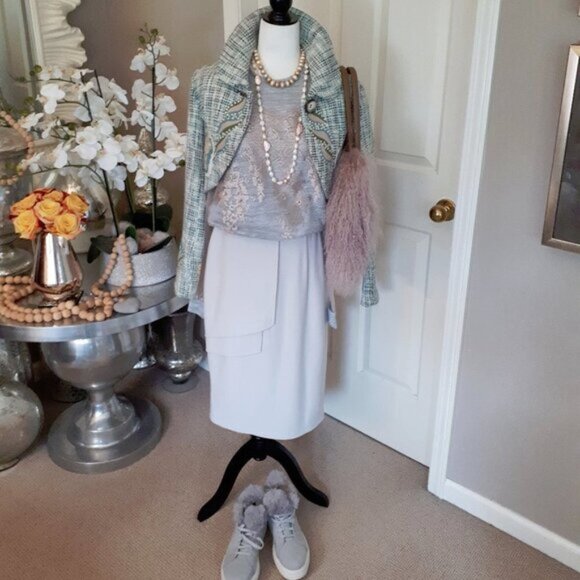 EUC Obakki cream grey wool midi skirt frill detail - Picture 9 of 12